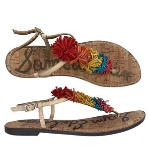 Sam Edelman Suede Multicolored Rainbow PomPom T-Strap Sandal Cream 9